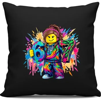Žertovný předmět barevné six seven - 67 - verze pro dívku – inspirováno Robloxem - černý polštář s potiskem- Tričkový.cz