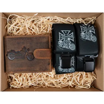 Dárková krabička PIX Dárkový set pro muže - Kožená peněženka a kšandy - Motorkář