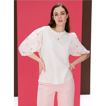 Dámská móda Sinsay - Bavlněná halenka s nabíraným rukávem - béžová - 574DO-02J - 574DO-02J-XL