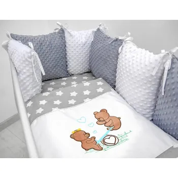 Dětský pokoj Baby Nellys Polštářkový mantinel s Minky s povlečením s vyšívkou - šedá,bílá,hvězdičky V - Houpačka | Velikost p