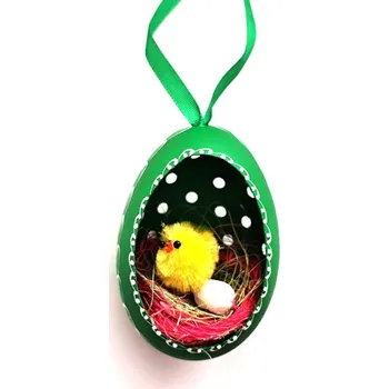 Velikonoční dekorace Velikonoční Husí kraslice vrtaná s kuřátkem - Zelený ornament