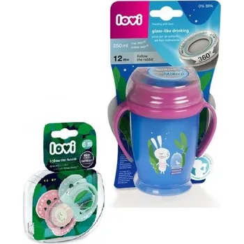 Kojenecká láhev Lovi Kouzelný hrneček Junior 360° Zajíček 12m+ - modro/růžový + 2ks dudlíků (6-18)