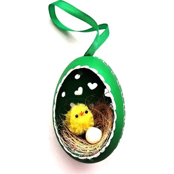 Velikonoční dekorace Velikonoční Husí kraslice vrtaná s kuřátkem - Zelené srdce