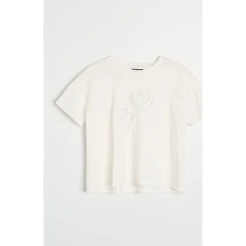 Oblečení a móda Sinsay - Bavlněné tričko s květinovou výšivkou - krémová - 580HC-01X - 580HC-01X-L