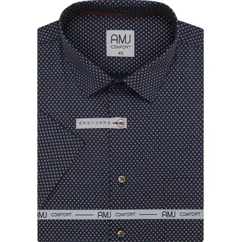 Pánská košile Pánská košile AMJ bavlněná, tmavě modrá, hnědé kytičky, VKSBR1499, krátký rukáv, slim fit, vel. 43