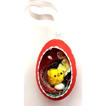 Velikonoční dekorace Velikonoční Husí kraslice vrtaná s kuřátkem - červený květ