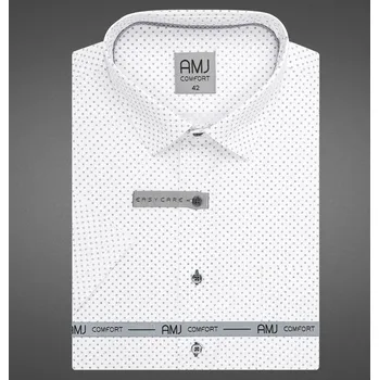 Pánská košile AMJ bavlněná, bílá, šedé kostičky, VKSBR1448, krátký rukáv, slim fit, vel. 40