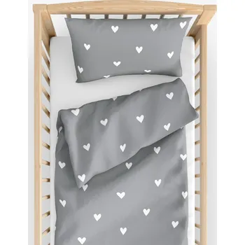 Povlečení Dětské bavlněné povlečení do postýlky - Srdíčka na šedém 100 x 135 a 40 x 60 cm
