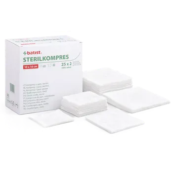 Batist Medical a.s. Sterilní kompresy 10 × 10 cm, 8vrstvé – vysoce savé gázové čtverce ze 100% bavlny Velikost balení: 100 x 2