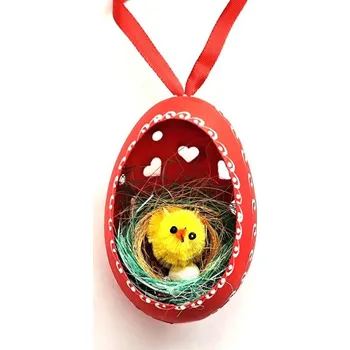 Velikonoční dekorace Velikonoční Husí kraslice vrtaná s kuřátkem - červené srdce
