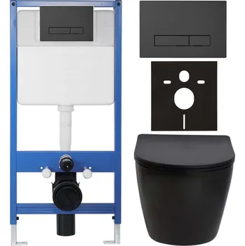 WC sada CERANO - Kompletní podomítkový WC set Lite/Verde - černá matná - WC tlačítko Slim, černé matné - předstěnová instalace/sádrokarton - 49x36 cm