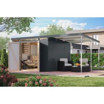 Zahradní domek KARIBU HOLZTECHNIK plechový domek KARIBU IRIDIUM 3,5 + přístavek 200 cm (48499) antracit LG4817