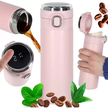 Termohrnek Termohrnek s výklopným víčkem a LED displejem 420 ml růžový