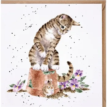 Přání Wrendale Designs "Hide and Squeak", 15x15 cm -&nbsp;Kočka a myš