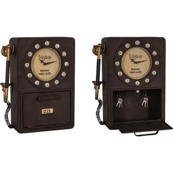 Železářství Antic Line Plechová schránka na klíče s hodinami replika starého telefonu