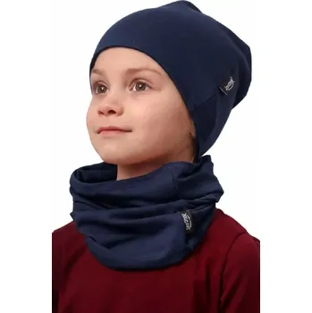 Čepice Dětská čepice Jožánek bavlněná, oboustranná + nákrčník - tmavě modrá