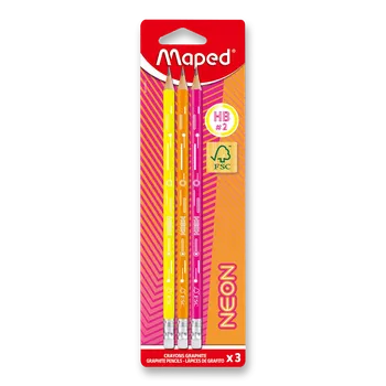 Grafitová tužka Maped Neon s pryží - tvrdost HB, 3 ks, blistr