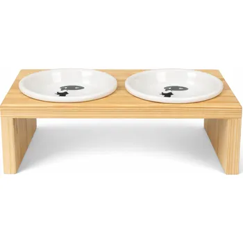 Miska pro psa Svět Tlapky Stojan na 2 misky pro kočku INKA Dřevina nebo odstín: Smrk (dřevo), Průměr miska (rozměr): miska 13cm (34 x 18cm), Výška: 10cm (střední plemeno)