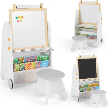 Kancelářský nábytek Costway Dřevěná multifunkční oboustranná tabule se stoličkou 56 x 42 x 92-105 cm