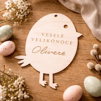 Velikonoční dekorace Dřevěné kuřátko s vlastním jménem VESELÉ VELIKONOCE