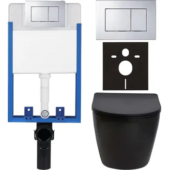 WC sada CERANO - Kompletní podomítkový WC set Lite/Verde - černá matná - WC tlačítko Classic, chrom - k zazdění - 49x36 cm