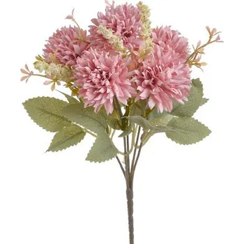 umělá květina Kytice chryzantém s listy - růžová