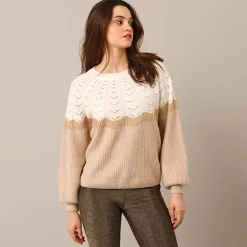 Dámský svetr Pulovr s ažurou a třpytivým proužkem režná/béžová 38/40