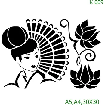 Plastová šablona pro malování - Portréty, postavy - Gejša s vějířem a květinou (K009) - A5 , Nelepící folie