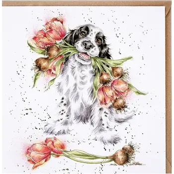 Přání 15 x 15 cm "Blooming with love " Wrendale Designs - pejsek s tulipány