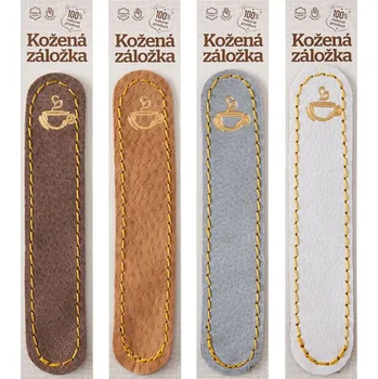 Záložka Káva - kožená záložka do knihy Barva kůže: Hnědá semiš (D32), Barva ražby: Zlatá