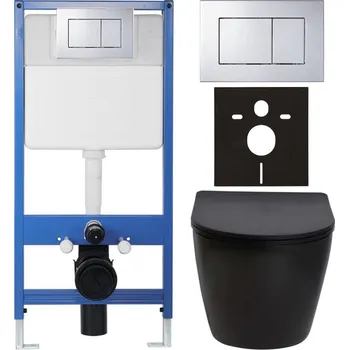 WC sada CERANO - Kompletní podomítkový WC set Lite/Verde - černá matná - WC tlačítko Classic, chrom - předstěnová instalace/sádrokarton - 49x36 cm