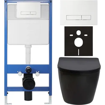 WC sada CERANO - Kompletní podomítkový WC set Lite/Verde - černá matná - WC tlačítko Slim, bílé - předstěnová instalace/sádrokarton - 49x36 cm