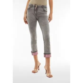 Dámské kalhoty Freddy kalhoty WR.UP SNUG ve světle džínové barvě s růžovým detailem na nohavicích, reálné kapsy, regular pas na knoflíčky, hrnuté nohavice, skinny střih Vybraná velikost: M