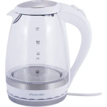 Rychlovarná konvice Kamille KM-1701 bílá 1,5 L Skleněná rychlovarná konvice s LED podsvícením