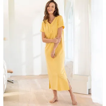 Dámská noční košile Dlouhá noční košile s výstřihem na knoflíčky žlutá 52