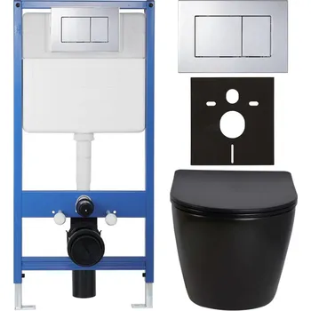 WC sada CERANO - Kompletní podomítkový WC set Lite/Verde - černá lesklá - WC tlačítko Classic, chrom - předstěnová instalace/sádrokarton - 49x36 cm