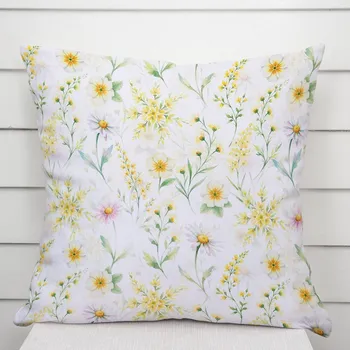 Povlak na polštářek Dekorační povlak na polštář TF-135 Malované žluto-zelené luční kvítí na bílém 35 x 45 cm