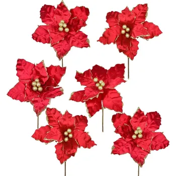 Vánoční dekorace DOMMIO Poinsetie květ - zápich textilní, průměr 25 cm, 6 ks, třpytivá červená
