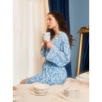 Dámský župan Sinsay - Viskózový župan s květinovým vzorem a krajkovým lemem Bridgerton - modrá - 440EC-05X - 440EC-05X-L_X