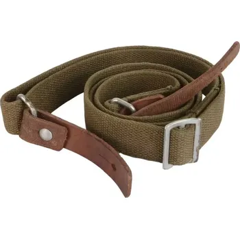 Popruh plátěný pro samopal AK-47 dvoubodový (Pevný zbraňový popruh určený pro pušky AK47, kovový D-kroužek na každém konci s hnědým koženým připojovacím bodem, nastavitelná délka... )