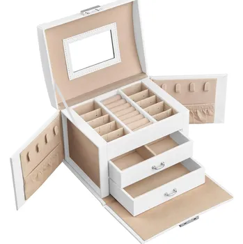 Šperkovnice Songmics Šperkovnice uzavíratelná, se zrcátkem, třípatrová, 17,5 × 13,5 × 12 cm, bílá