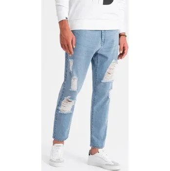 Pánské džínové kalhoty TAPERED FIT s otvory - světle modré V1 OM-PADP-0175