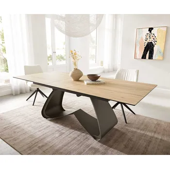 Jídelní stůl DELIFE Jídelní stůl Edge 180-220x100 keramika Laminam® Sabbia dubová barva W-podnož titanový efektový povrch rozkládací