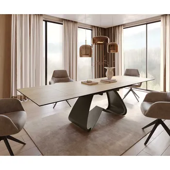 Jídelní stůl DELIFE Jídelní stůl Edge 200-300x100 keramika Laminam® sabbia dubová barva W-podnož titanový efektový povrch rozkládací