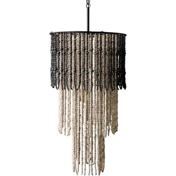 Přírodní stropní světlo s dřevěnými korálky Roellie - Ø 50*90cm/ E27/ 40W