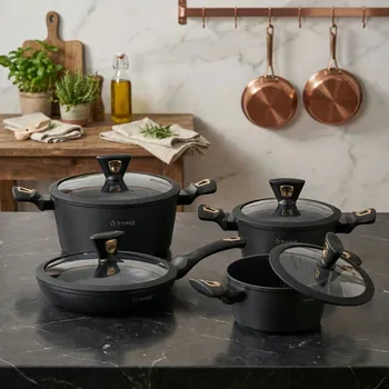 Sada nádobí Sada 3 mramorových hrnců s poklicemi a 2 nepřilnavých pánví STARKE PRO DARK GOLD