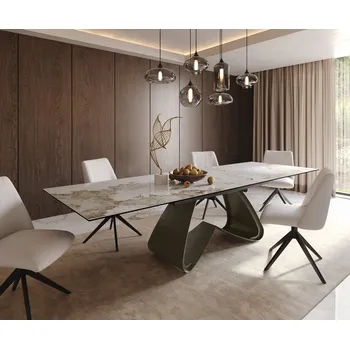 Jídelní stůl DELIFE Jídelní stůl Edge 200-300x100 keramika Minas Melange bílá-béžová W-podnož titanová efektová úložný rozkládací