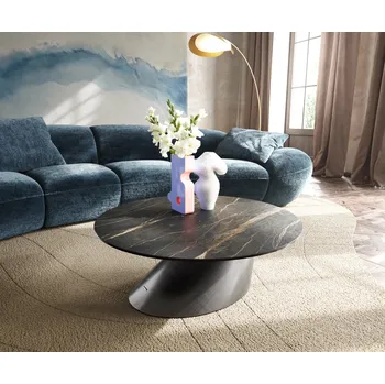 Konferenční stolek DELIFE Konferenční stolek Edge kulatý 90x90 cm keramika Laminam® Noir Desir hnědá Conis Metallic stříbrná