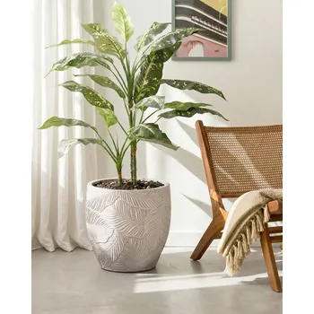 Květináč Květináč béžový 42 x 42 x 42 cm malovaný vláknitá hlína vnitřní i venkovní použití kulatý vzor listů moderní zahrada obývací pokoj Beliani