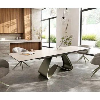 Jídelní stůl DELIFE Jídelní stůl Edge 200-300x100 keramika Laminam® Travertino Bianco krémová bílá W-podnož titanová barva rozkládací